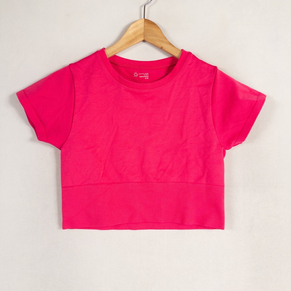 Aerie OFFLINE Crop Top Shirt Womens Sz Medium Pink Seamless Stretch Active